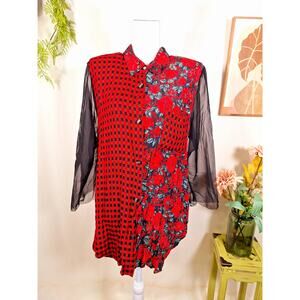 JKLA California Women's Shoulder Padded Blouse w' Sheer Sleeves Large